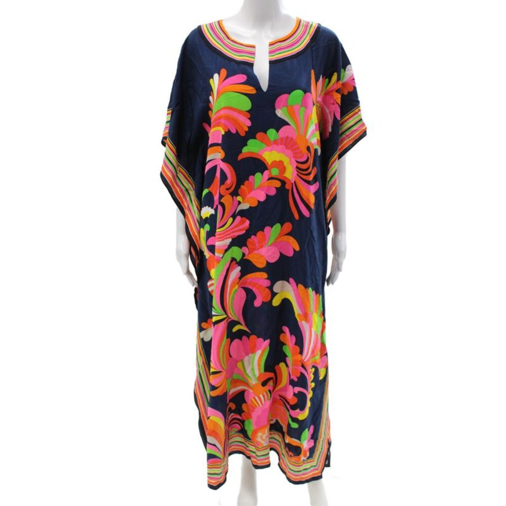 Trina Turk Women Kaftan Floral Multicolor Short Sleeve Midi Dress Size XS